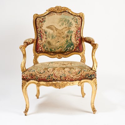 Lot 543 - Louis XV Giltwood and Tapestry Fauteuil à la Reine
