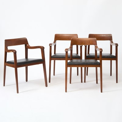 Lot 313 - Set of Four Edward Wormley for Dunbar Upholstered Walnut "Model 4797A Riemerschmid" Armchairs