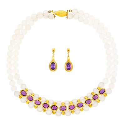 Lot 104 - Double Strand Gold, Frosted Rock Crystal Bead and Amethyst Necklace and Pair of Pendant-Earrings