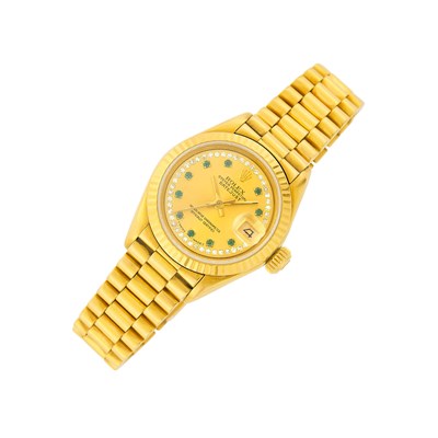 Lot 91 - Rolex Gold, String Emerald and Diamond Dial 'President Datejust' Wristwatch, Ref. 69178