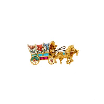 Lot 1045 - Crosby Gold, Multicolored Enamel and Synthetic Ruby Covered Wagon Pin