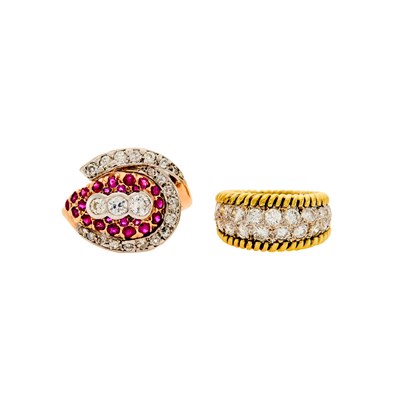 Lot 1277 - Two-Color Gold, Ruby and Diamond Ring and Two-Color Gold and Diamond Ring