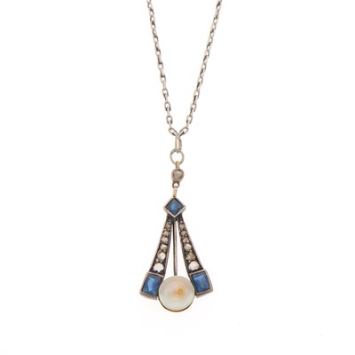 Lot 1110 - Antique Silver, Pearl, Sapphire and Diamond Pendant with Chain Necklace