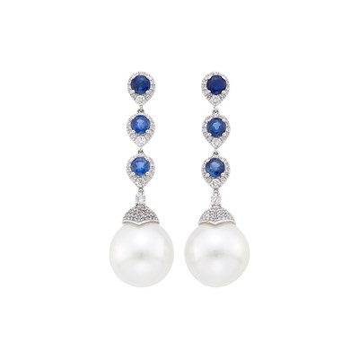 Lot 33 - Pair of White Gold, Sapphire, Diamond and South Sea Cultured Pearl Pendant-Earrings