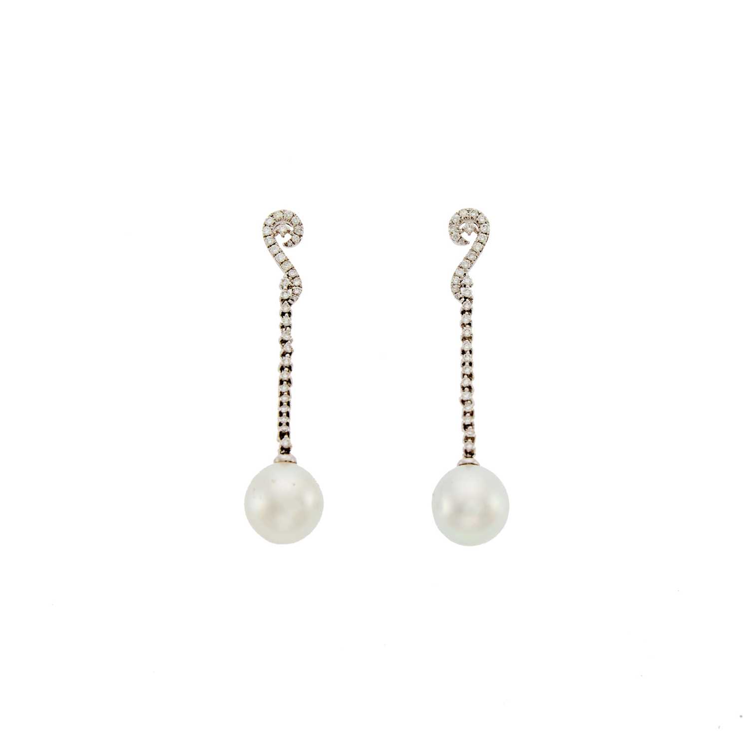 Lot 1090 - Pair of White Gold, South Sea Cultured Pearl and Diamond Pendant-Earrings