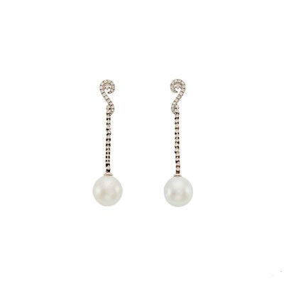 Lot 1090 - Pair of White Gold, South Sea Cultured Pearl and Diamond Pendant-Earrings