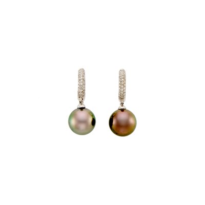 Lot 1081 - Pair of White Gold, Tahitian Gray Cultured Pearl and Diamond Pendant-Earrings