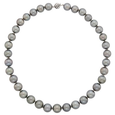 Lot 1072 - Tahitian Gray Cultured Pearl Necklace with White Gold and Diamond Clasp