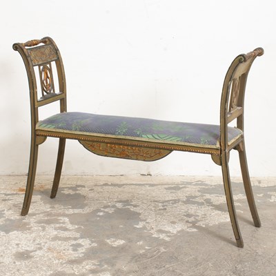 Lot 91 - Louis Style Carved and Paint Decorated Bench with Pen and Ink Drawing