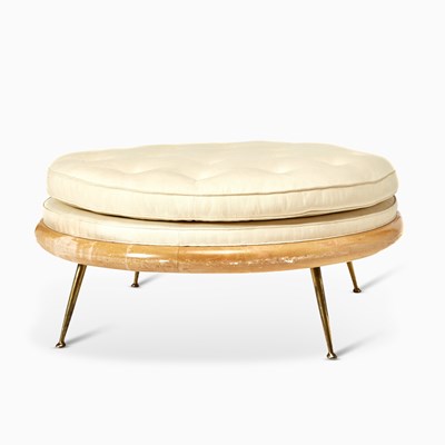 Lot T.H. Robsjohn-Gibbings for Widdcomb Upholstered Walnut "Model 1745" Pouf Ottoman