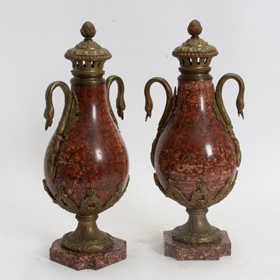 Lot 280 - Pair of Marble and Brass Swan Handled Urns