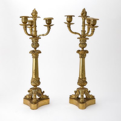Lot 271 - Pair of Charles X Gilt Metal Four-Light Candelabra with Dolpins