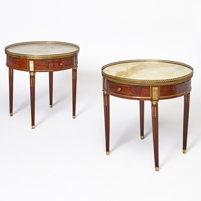 Lot 282 - Two Louis XVI Marble Top Mahogany Bouillotte Tables