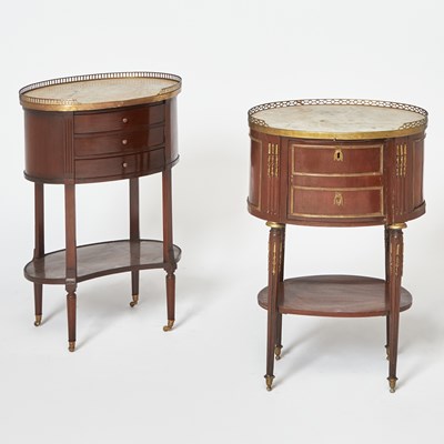 Lot 277 - Two Louis XVI Oval Form Marble Top Mahogany Side Tables