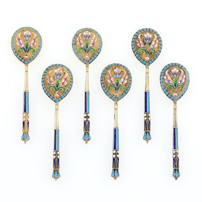 Lot 327 - Set of Six Russian Silver-Gilt and Cloisonné Enamel Spoons