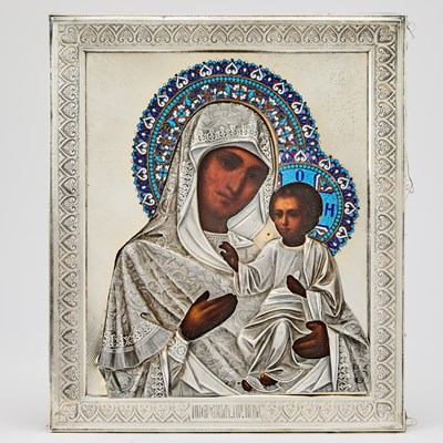 Lot 1040 - Russian Silver and Cloisonné Enamel Icon of the Iverskaya Mother of God