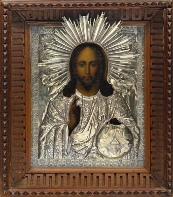 Lot 248 - Russian Silver Icon of Christ Pantocrator in a Wood Kyot