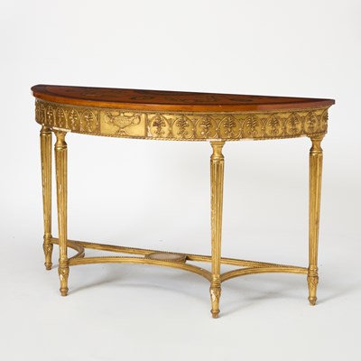 Lot 471 - Pair of George III Style Painted Satinwood, Kingwood and Giltwood Demilune Consoles