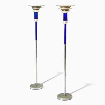 Lot 273 - Pair of Art Moderne Nickel and Blue Glass Torchere Floor Lamps