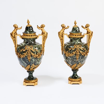 Lot 605 - Pair of Louis XVI Style Gilt-Bronze Mounted Verde Antico Marble Urns and Covers