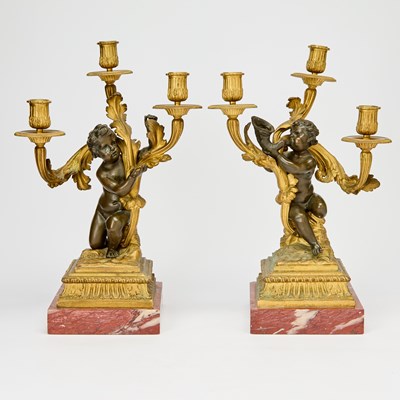 Lot 601 - Pair of Louis XVI Style Gilt and Patinated Bronze Figural Three-Light Candelabra