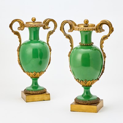 Lot 585 - Pair of French Gilt-Bronze Mounted Green Painted Marble Vases
