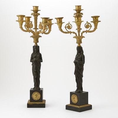 Lot 583 - Pair of Empire Style Gilt and Patinated Bronze Retour d ’Egypt Five-Light Candelabra