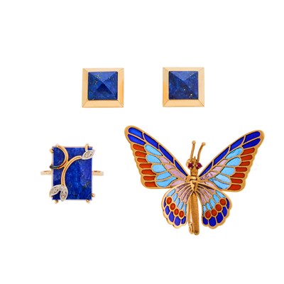 Lot 1231 - Gold and Enamel Butterfly Brooch, Lapis and Diamond Ring and Morelli Pair of Gold and Lapis Earrings