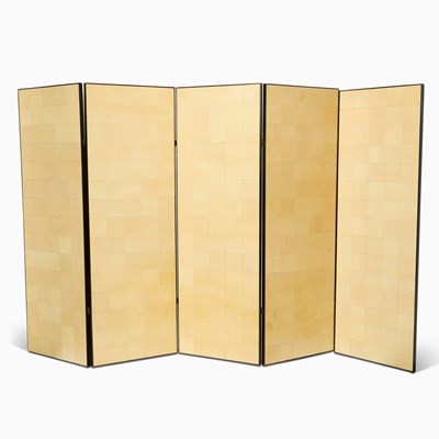 Lot 309 - Large Five-Panel Parchment and Ebonized Folding Screen