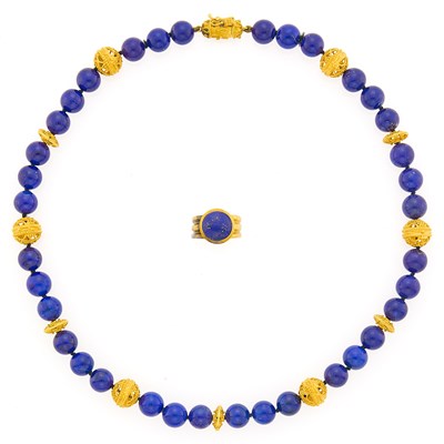 Lot 1175 - Gold and Lapis Bead Necklace and Ring