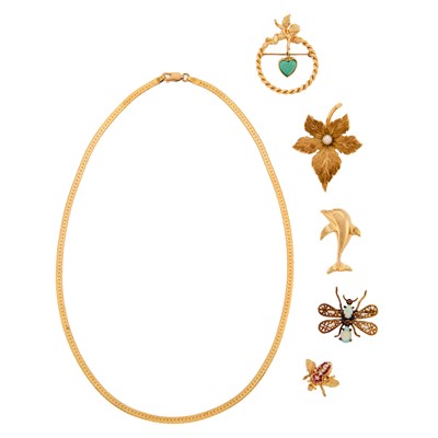 Lot 1263 - Group of Gold and Gem-Set Jewelry / Gold and Jade Brooch