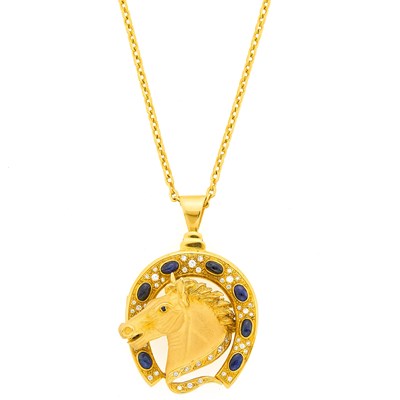 Lot 1168 - Gold, Cabochon Sapphire and Simulated Diamond Horse and Horseshoe Pendant with Chain Necklace