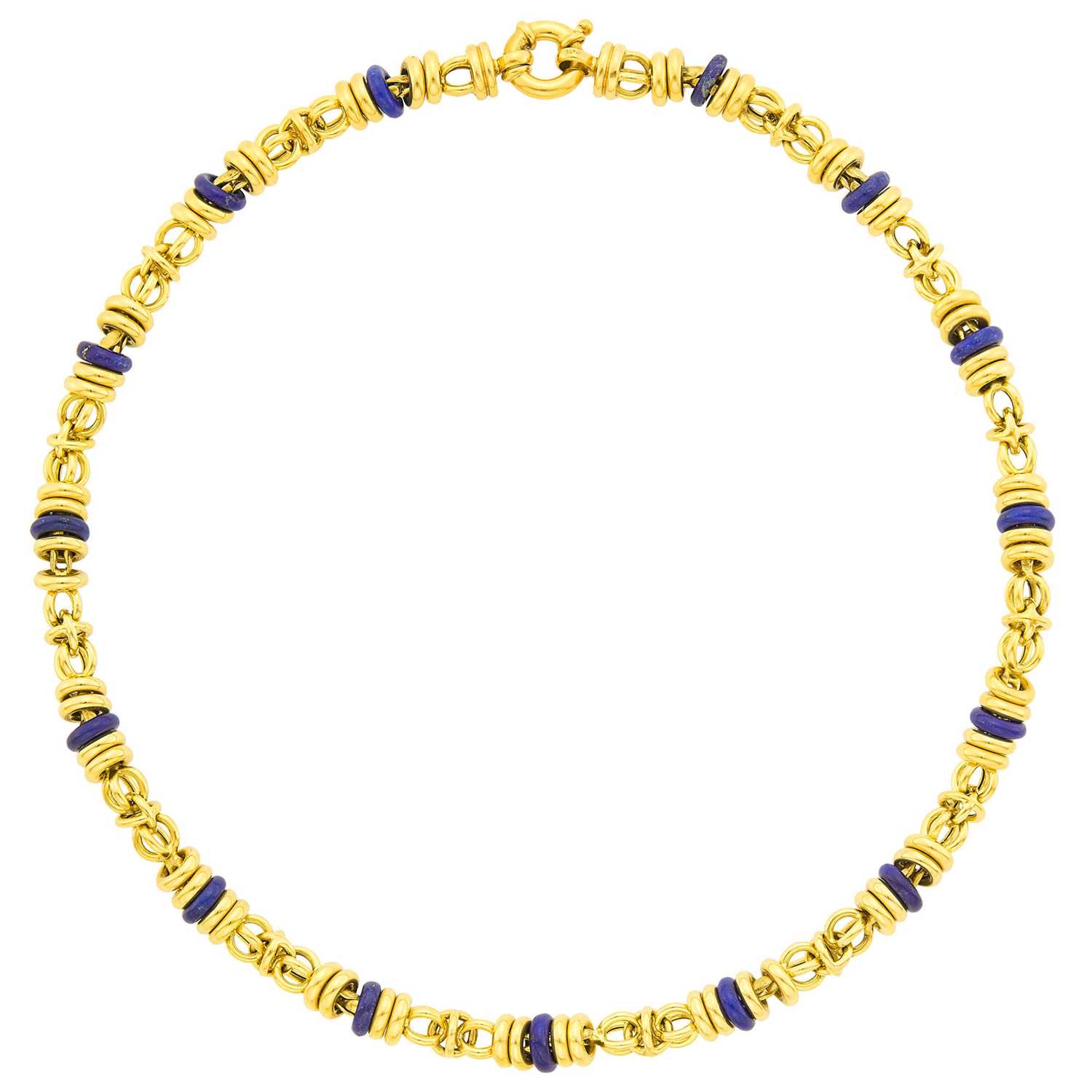 Lot 1038 - Gold and Lapis Bead Chain Necklace