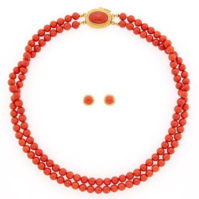 Lot 1043 - Double Strand Coral Necklace with Gold Clasp and Pair of Gold and Coral Earrings