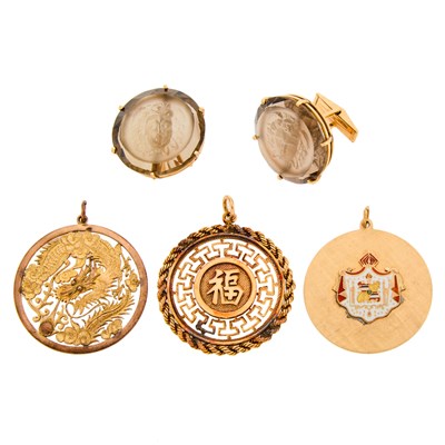 Lot 1264 - Pair of Gold and Carved Smoky Quartz Cufflinks and Three Pendants