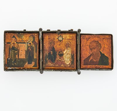 Lot 258 - Russian Silver and Cloisonné Enamel Triptych Icon