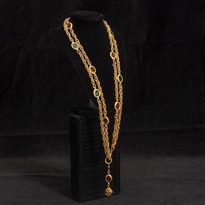 Lot 320 - Chanel Gilt Metal and Glass Stone Double Chain Necklace