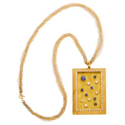 Lot 1201 - Gold, Sapphire and Diamond Pendant with Two-Color Gold Multistrand Chain