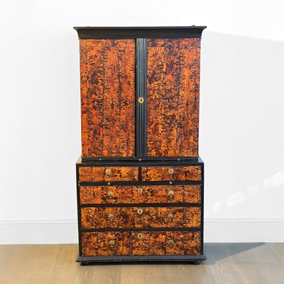 Lot William & Mary Mulberry Veneer and Part-Ebonized Bureau Bookcase