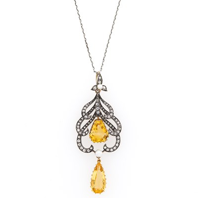 Lot 1125 - Antique Silver, Gold, Topaz, Citrine, Diamond and Pearl Pendant with Silver Chain