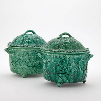 Lot 651 - Pair of Wedgwood Green Ground Majolica Two-Handled Footed Fruit Coolers