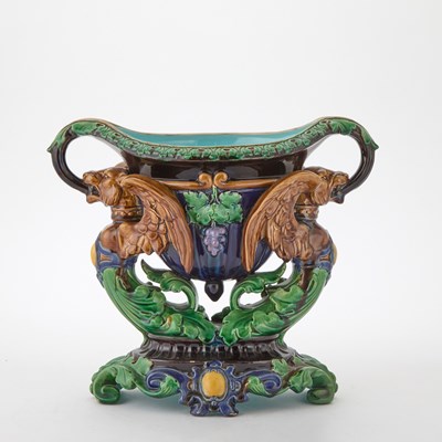 Lot 654 - Minton Style Majolica Two-Handled Winged Lion Centerpiece Vase