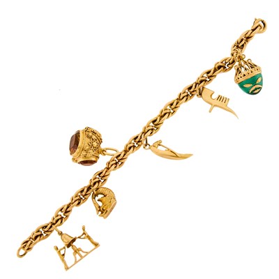 Lot 1117 - Gold, Citrine and Malachite Charm Bracelet