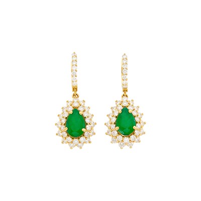 Lot 1237 - Pair of Gold, Diamond and Emerald Pendant-Earrings