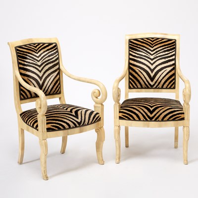 Lot 3048 - Pair of Restauration Style Zebra Print Fabric Upholstered Armchairs