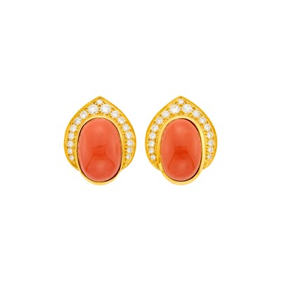 Lot 117 - Van Cleef & Arpels Pair of Gold, Coral and Diamond Earclips, France