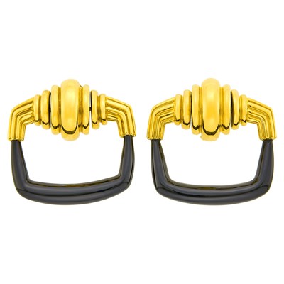 Lot 14 - Aldo Cipollo for Cartier Pair of Gold and Black Onyx Door Knocker Earclips