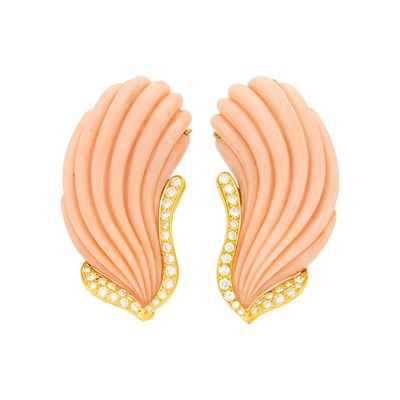 Lot 161 - Pair of Gold, Fluted Angel Skin Coral and Diamond Clip-Brooches, France