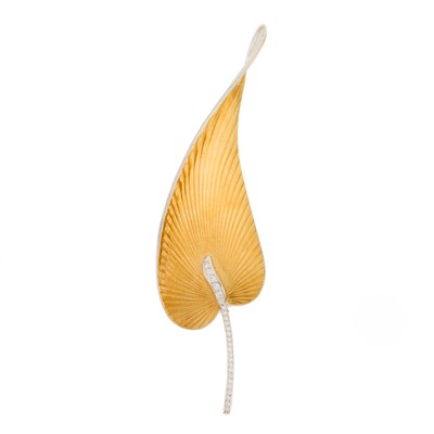Lot 1031 - Two-Color Gold and Diamond Elongated Leaf Brooch