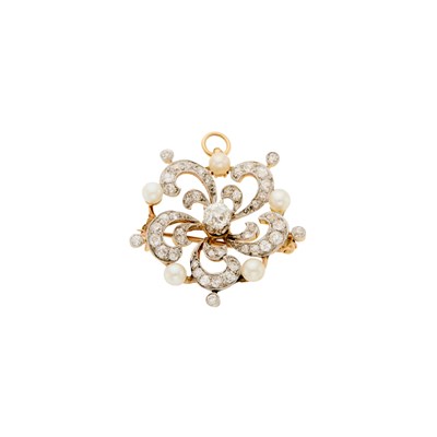 Lot 1124 - Platinum, Gold, Diamond and Cultured Pearl Pendant-Brooch